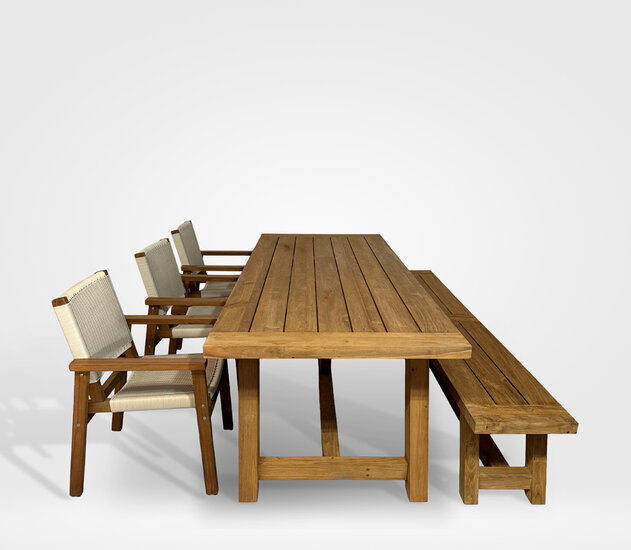 Timbra Wierna / Teguh 260 cm 5-delige dining tuinset met picknickbank