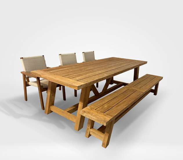 Timbra Wierna / Teguh 260 cm 5-delige dining tuinset met picknickbank