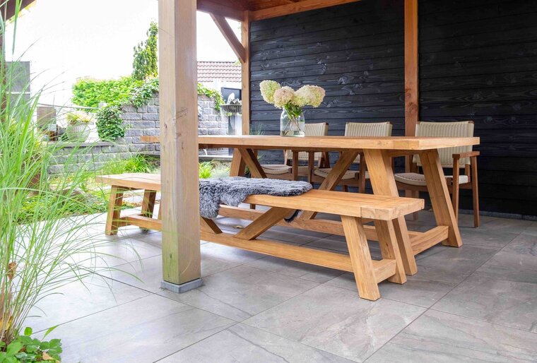 Timbra Wierna / Teguh 260 cm 5-delige dining tuinset met picknickbank