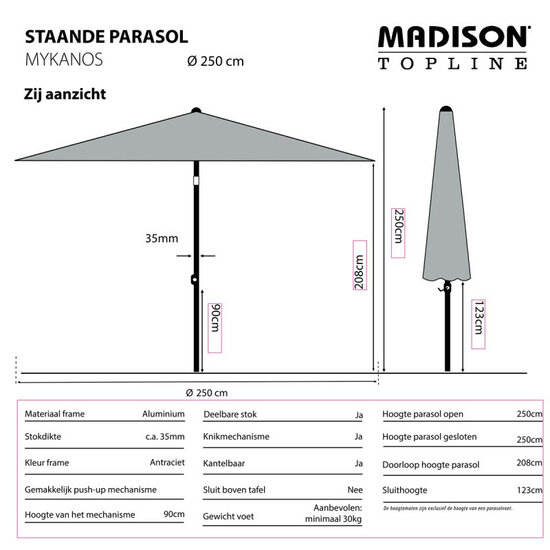 Madison Mykanos push-up parasol &Oslash;250 cm - Taupe (excl. voet)