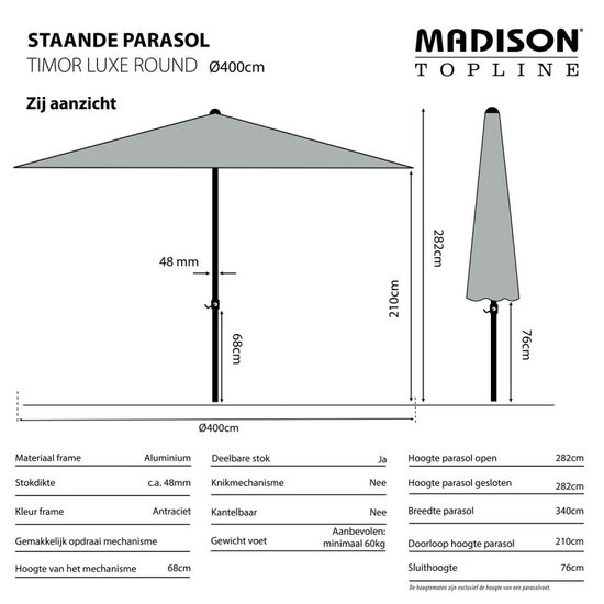 Madison Timor Luxe stokparasol &Oslash;400 cm &ndash; Ecru (excl. voet)