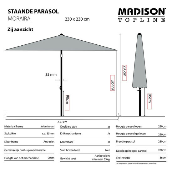 Madison Moraira Push-up stokparasol 230 &times; 230 cm &ndash; Grey (excl. voet)