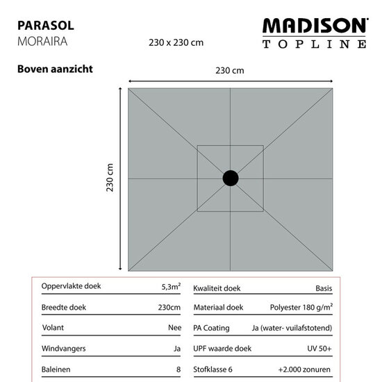 Madison Moraira Push-up stokparasol 230 &times; 230 cm &ndash; Grey (excl. voet)