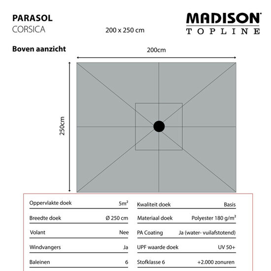 Madison Corsica Push-up stokparasol 200 &times; 250 cm &ndash; Grey (excl. voet)