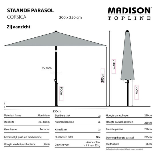 Madison Corsica Push-up stokparasol 200 &times; 250 cm &ndash; Taupe (excl. voet)