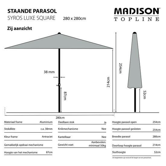 Madison Syros Luxe stokparasol 280x280 cm &ndash; Taupe (excl. voet)